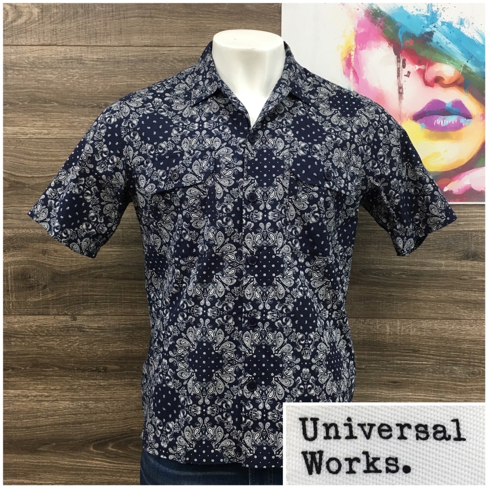 Universal Works Mens Paisley Bandana Print Short Sleeve Button Down Shirt Navy M